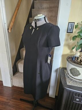 Chaps Black Midi Sheath Dress with Gold Eyelet Detail